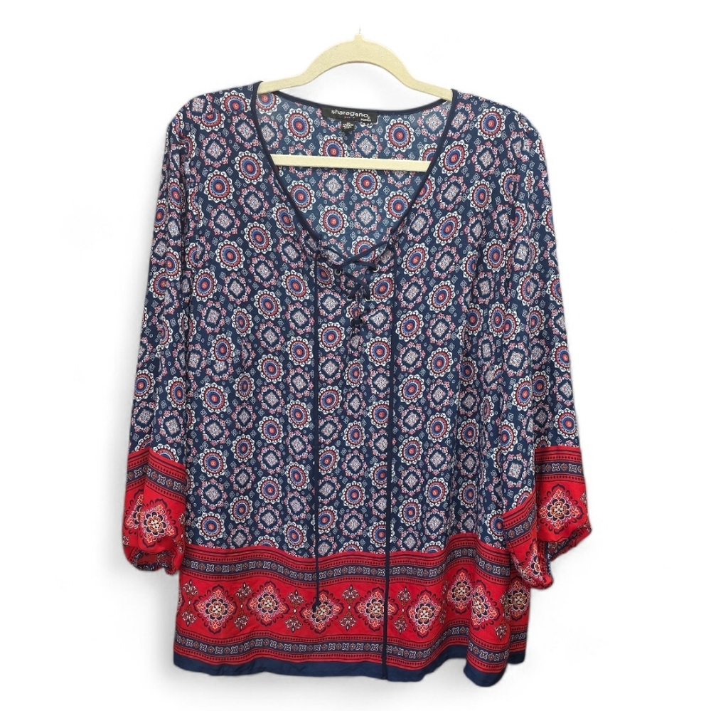 Sharagano Women's 2X Boho Tie Front Blouse V-Neck Elastic Cuffs Tunic Top Flowy